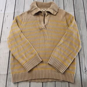 Beige & Yellow Striped Collared Knit Sweater